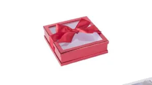 Clear Window Gift Boxes Red 7" X 7" X 2" 6 Pack With Ribbon