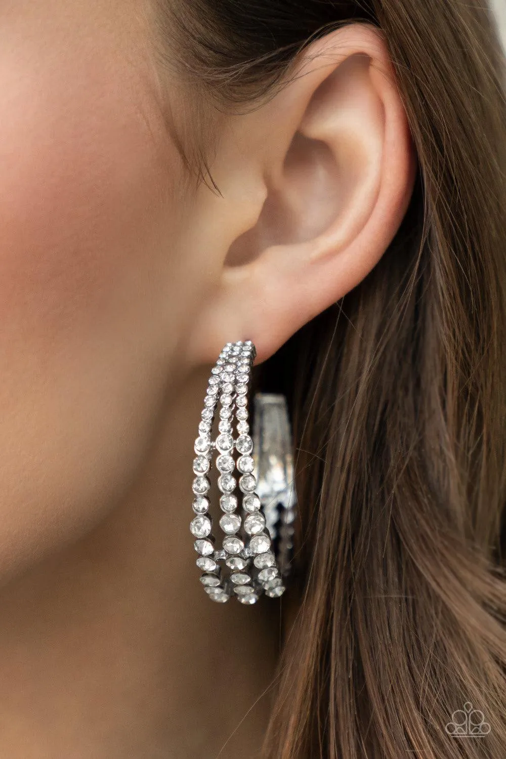 Cosmopolitan Cool White Rhinestone Hoop Earrings - Paparazzi Accessories