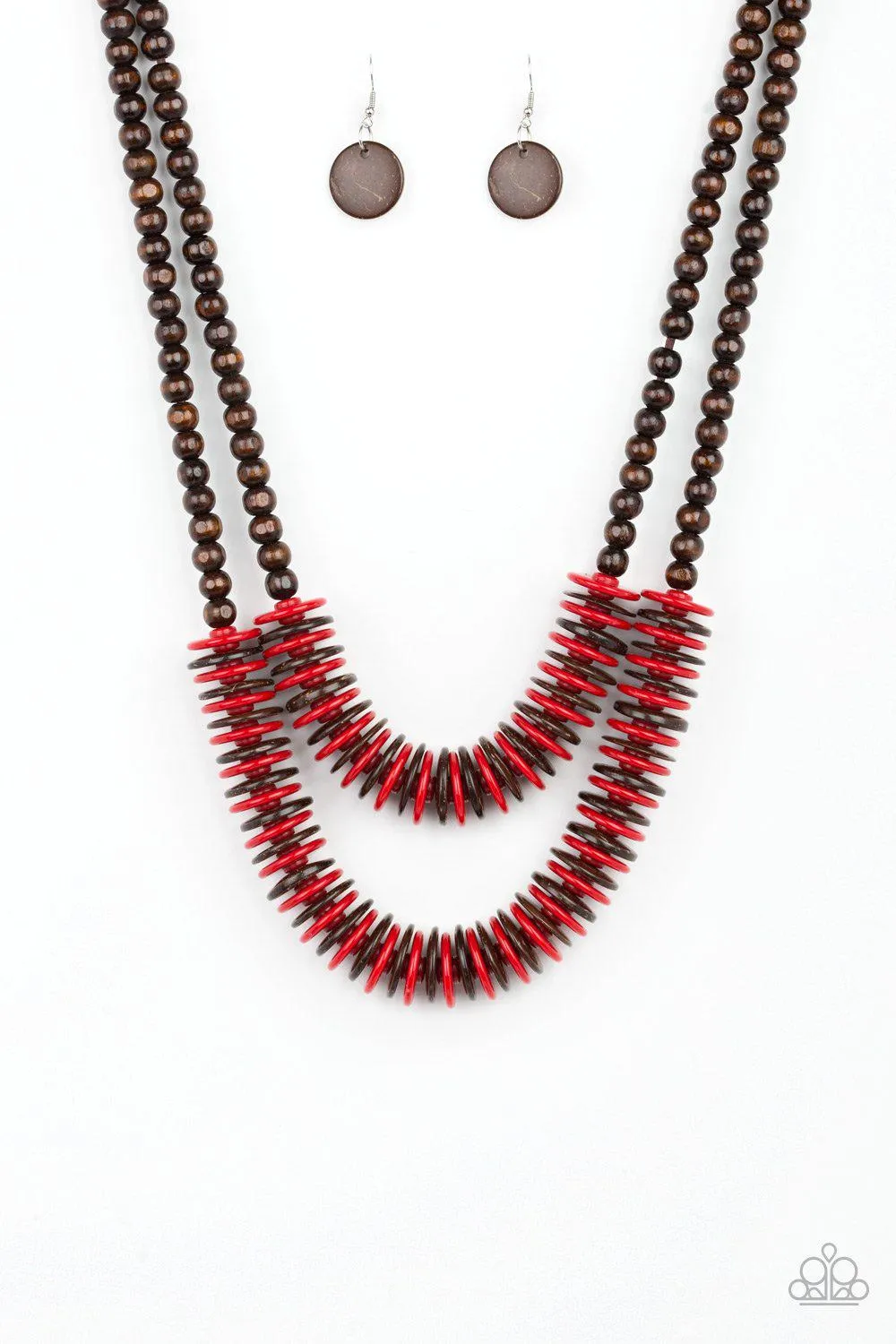 Dominican Disco Red and Brown Wood Necklace - Paparazzi Accessories