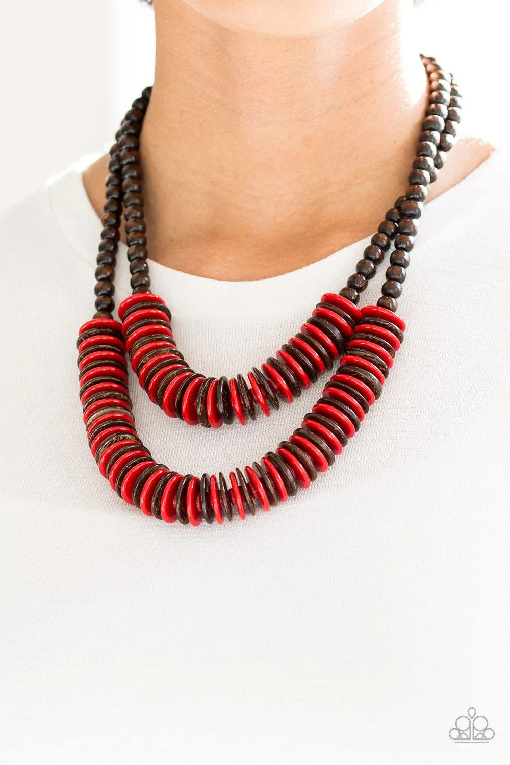 Dominican Disco Red and Brown Wood Necklace - Paparazzi Accessories