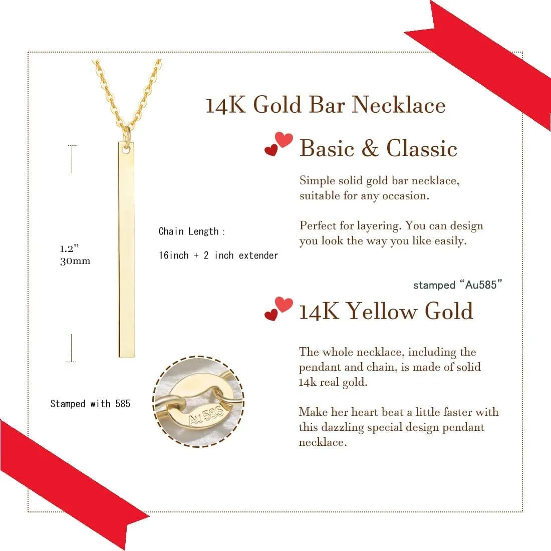 FANCIME Minimalist Bar Vertical Drop 14K Yellow Gold Necklace