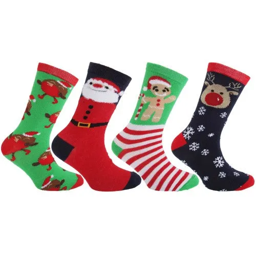 FLOSO Childrens/Kids Christmas Character Novelty Socks (Pack Of 4)