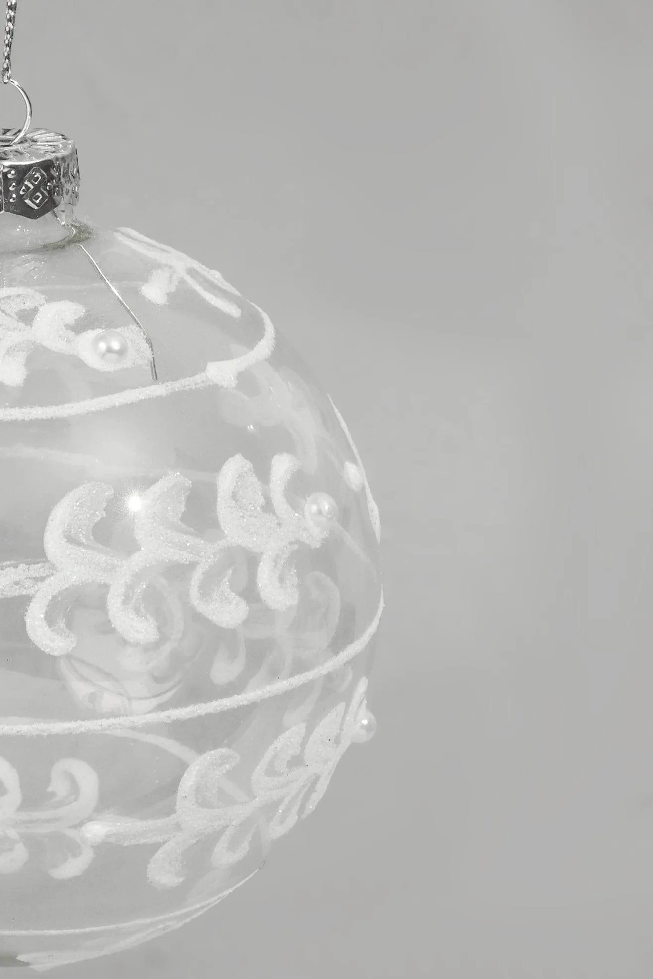 Glass Christmas Tree Bauble with White and Silver Glitter Patterning