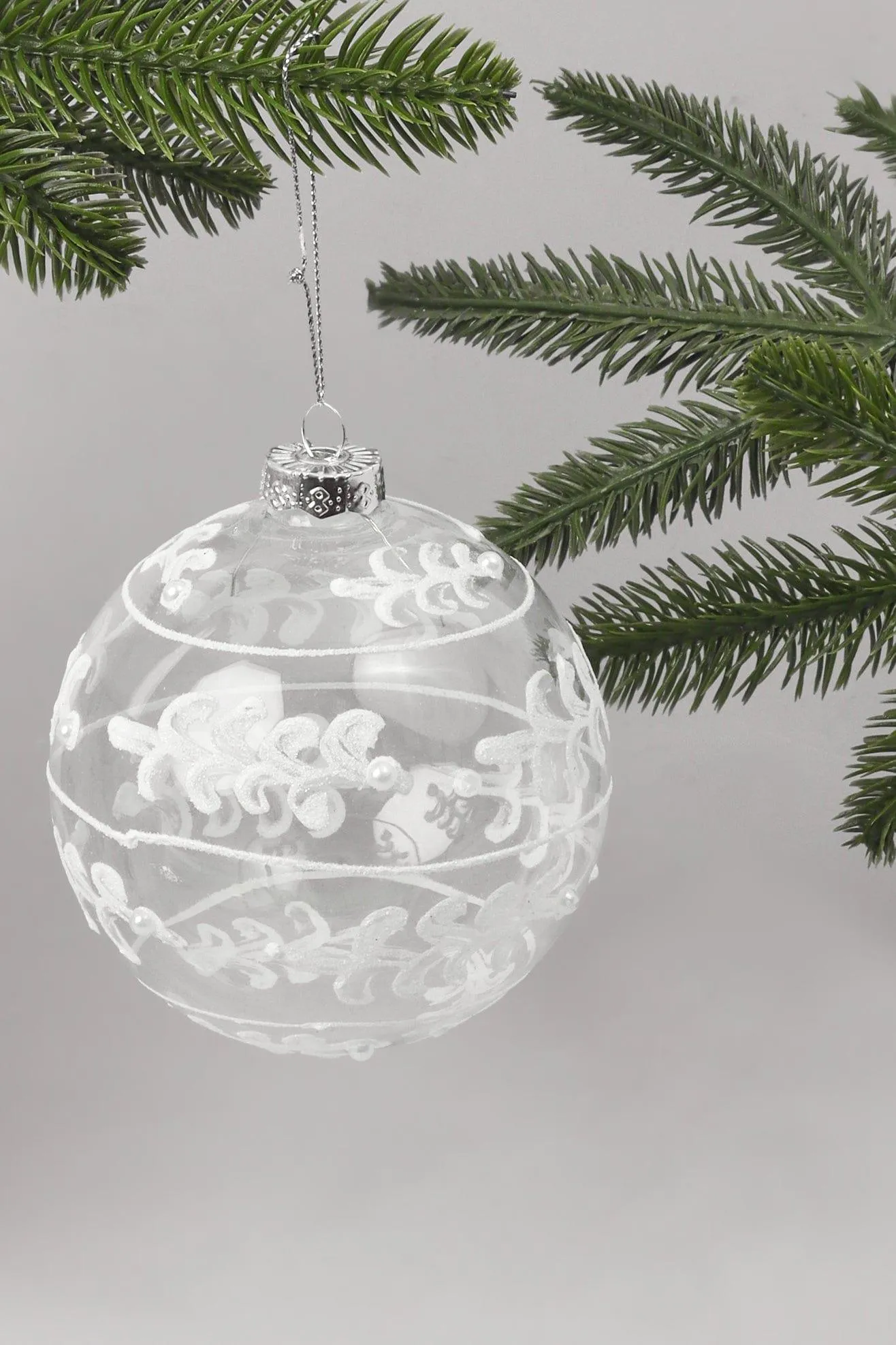 Glass Christmas Tree Bauble with White and Silver Glitter Patterning