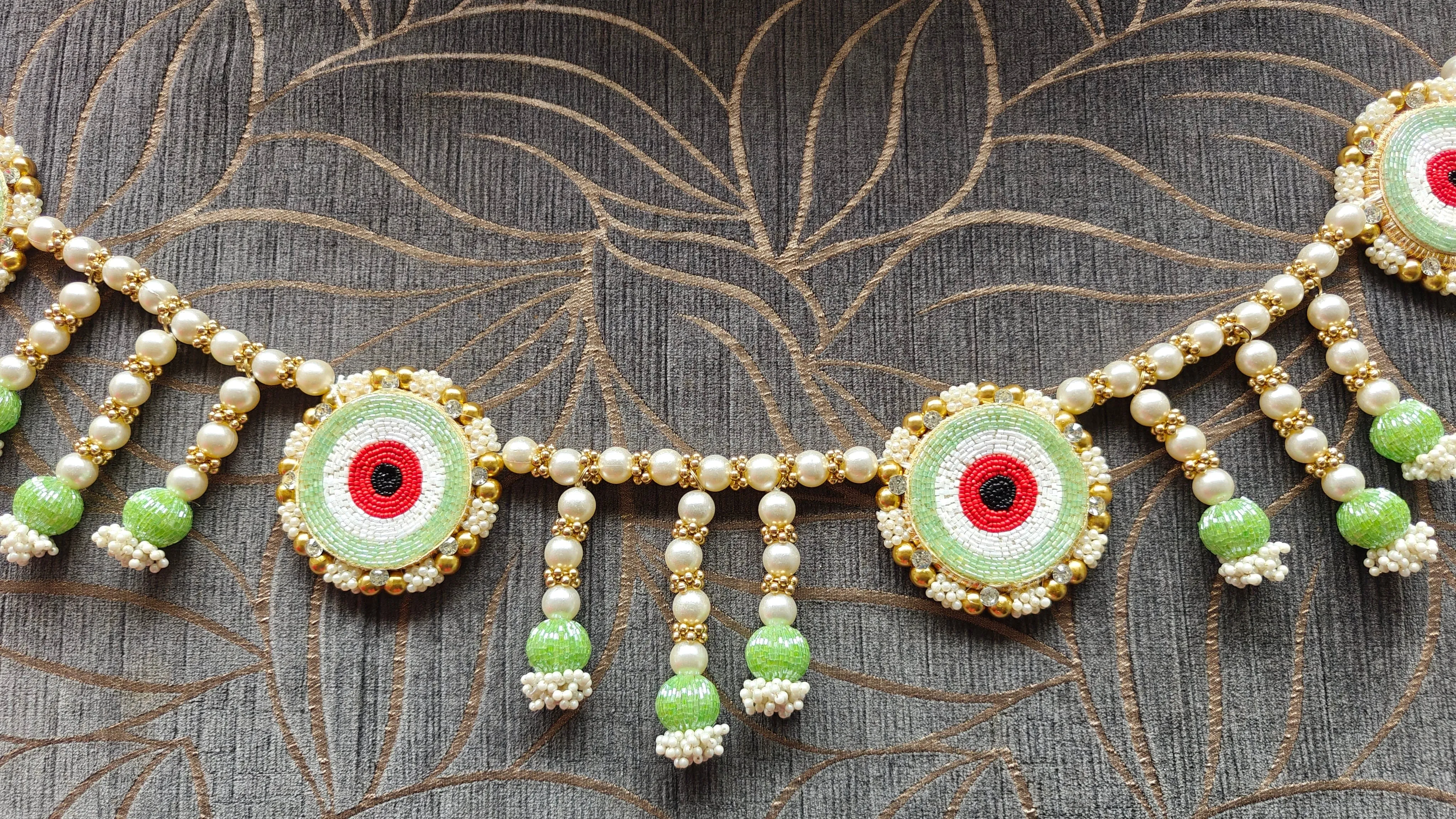 Handcrafted Green Pearl Evil Eye Toran - Accessory