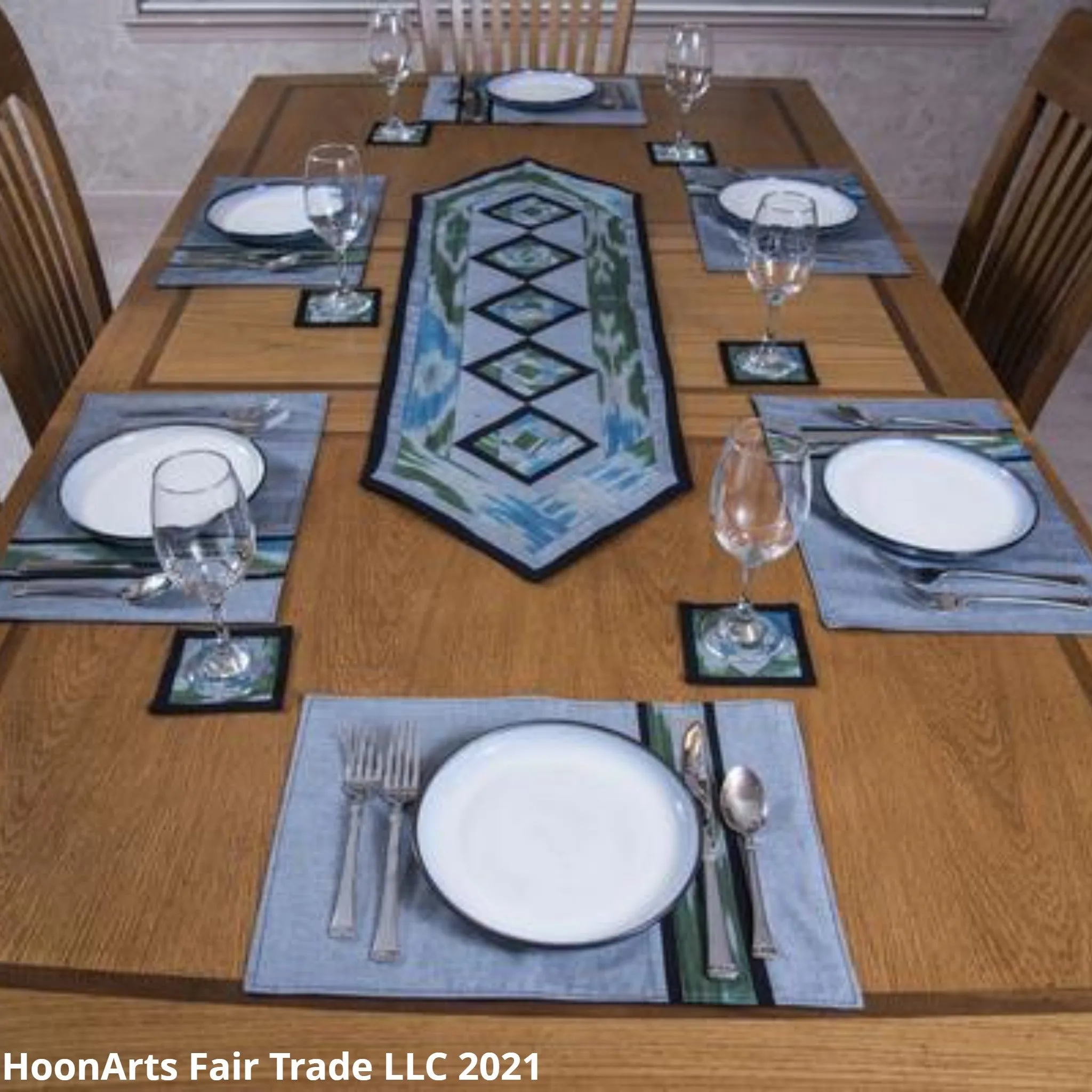 Ikat Hand Quilted Table Runner Set with Placemats Coasters Blue Green Gray Black