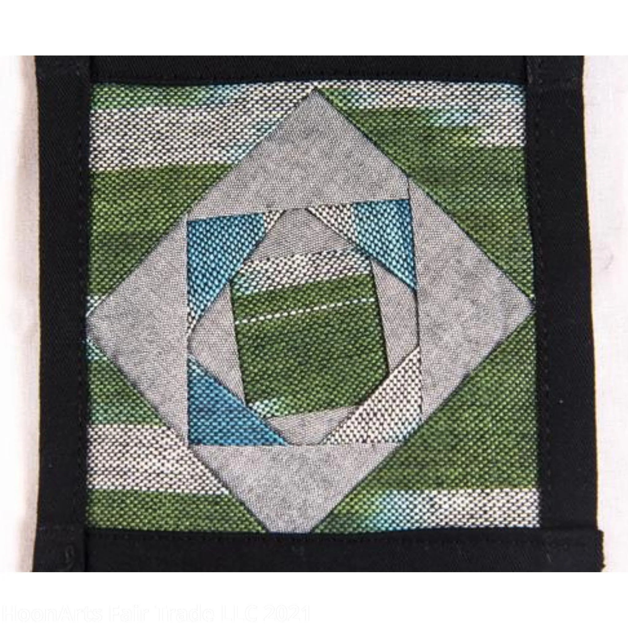 Ikat Hand Quilted Table Runner Set with Placemats Coasters Blue Green Gray Black