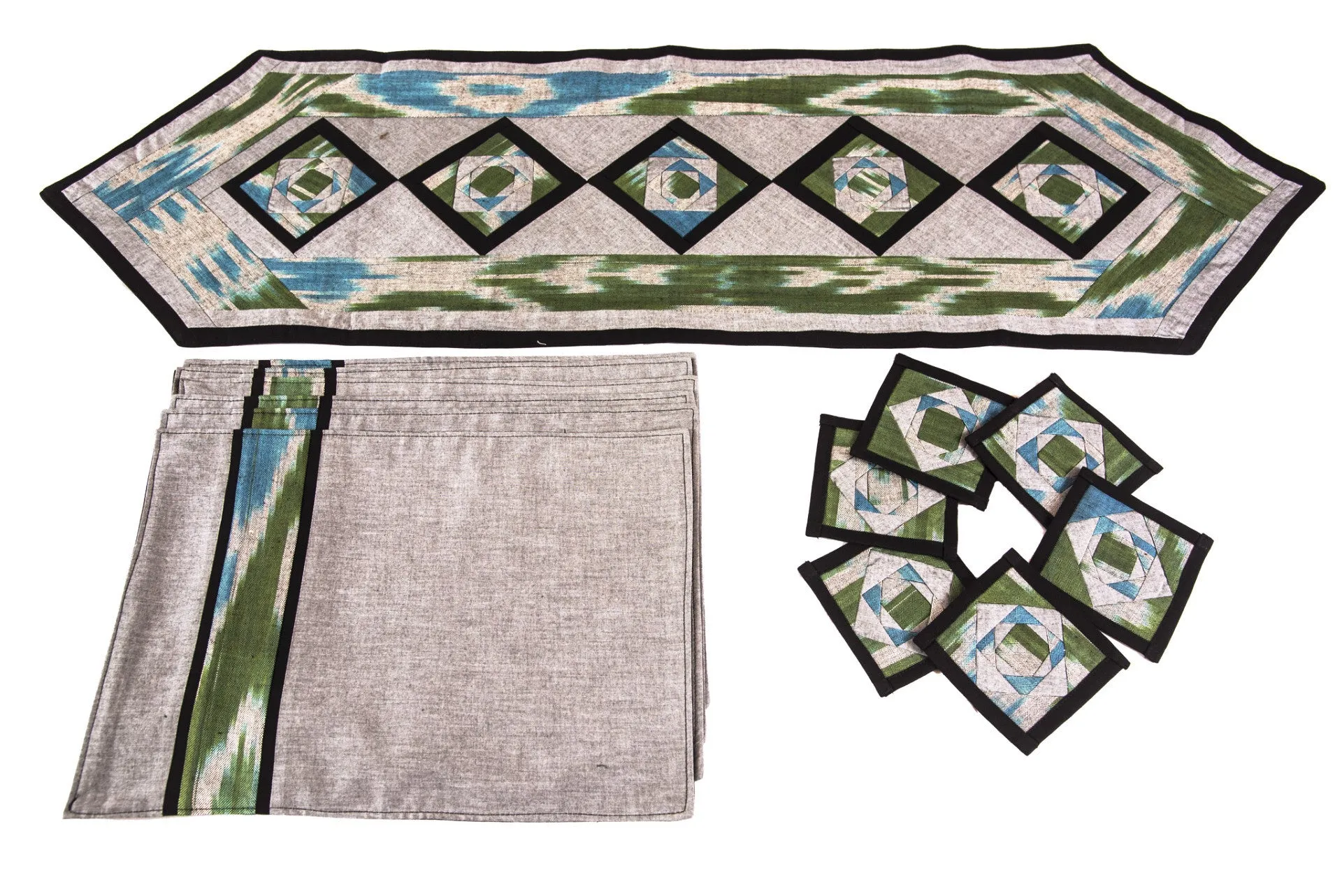 Ikat Hand Quilted Table Runner Set with Placemats Coasters Blue Green Gray Black