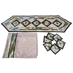 Ikat Hand Quilted Table Runner Set with Placemats Coasters Blue Green Gray Black