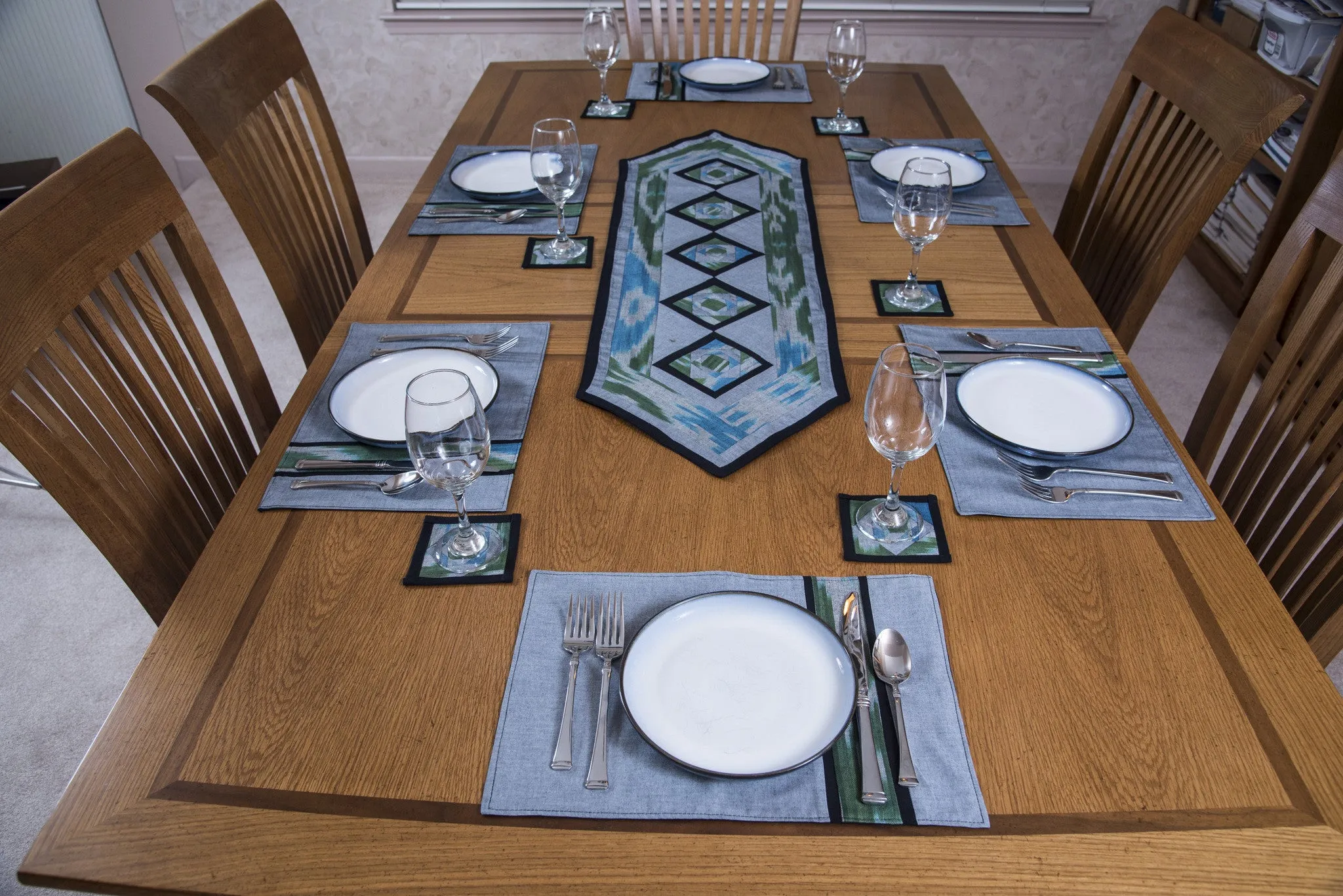 Ikat Hand Quilted Table Runner Set with Placemats Coasters Blue Green Gray Black