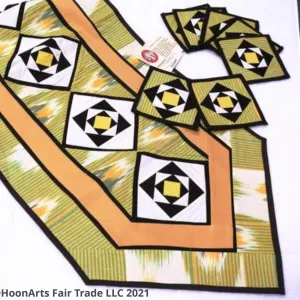 Ikat Hand Quilted Table Runner with Coasters Green Yellow