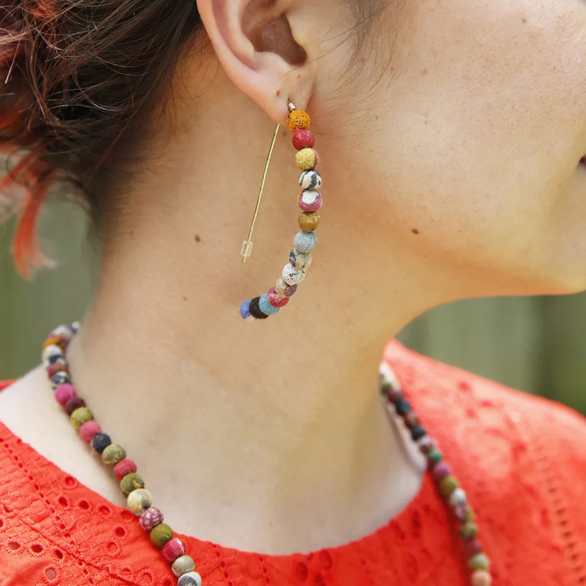 Kantha Bead Linear Arc Earrings