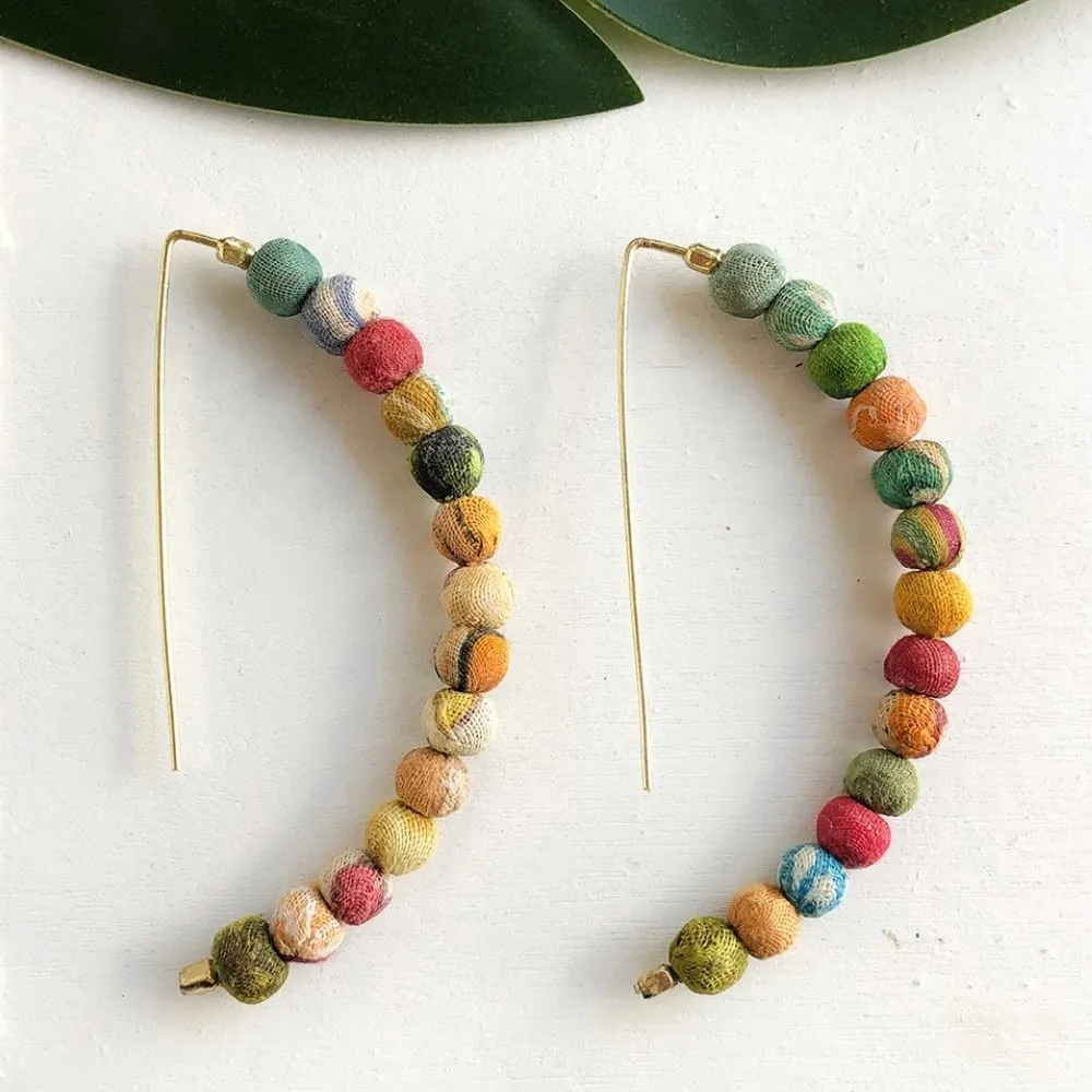 Kantha Bead Linear Arc Earrings