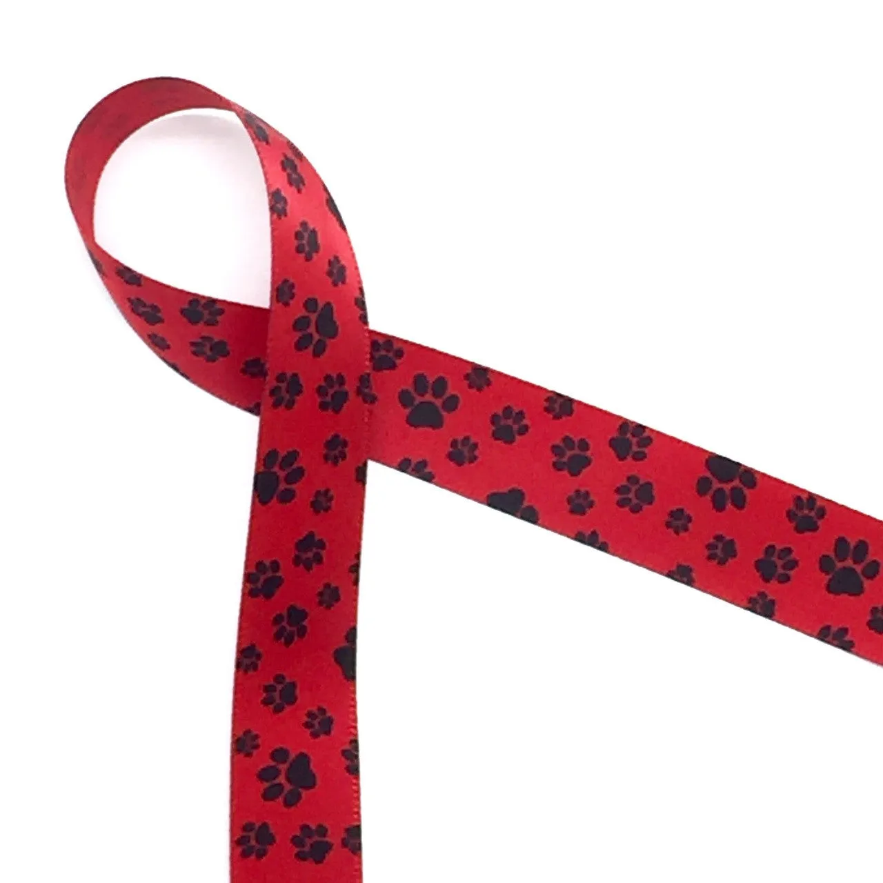 Paw Prints Ribbon paw prints in Black printed on 5/8" Red Single Face Satin