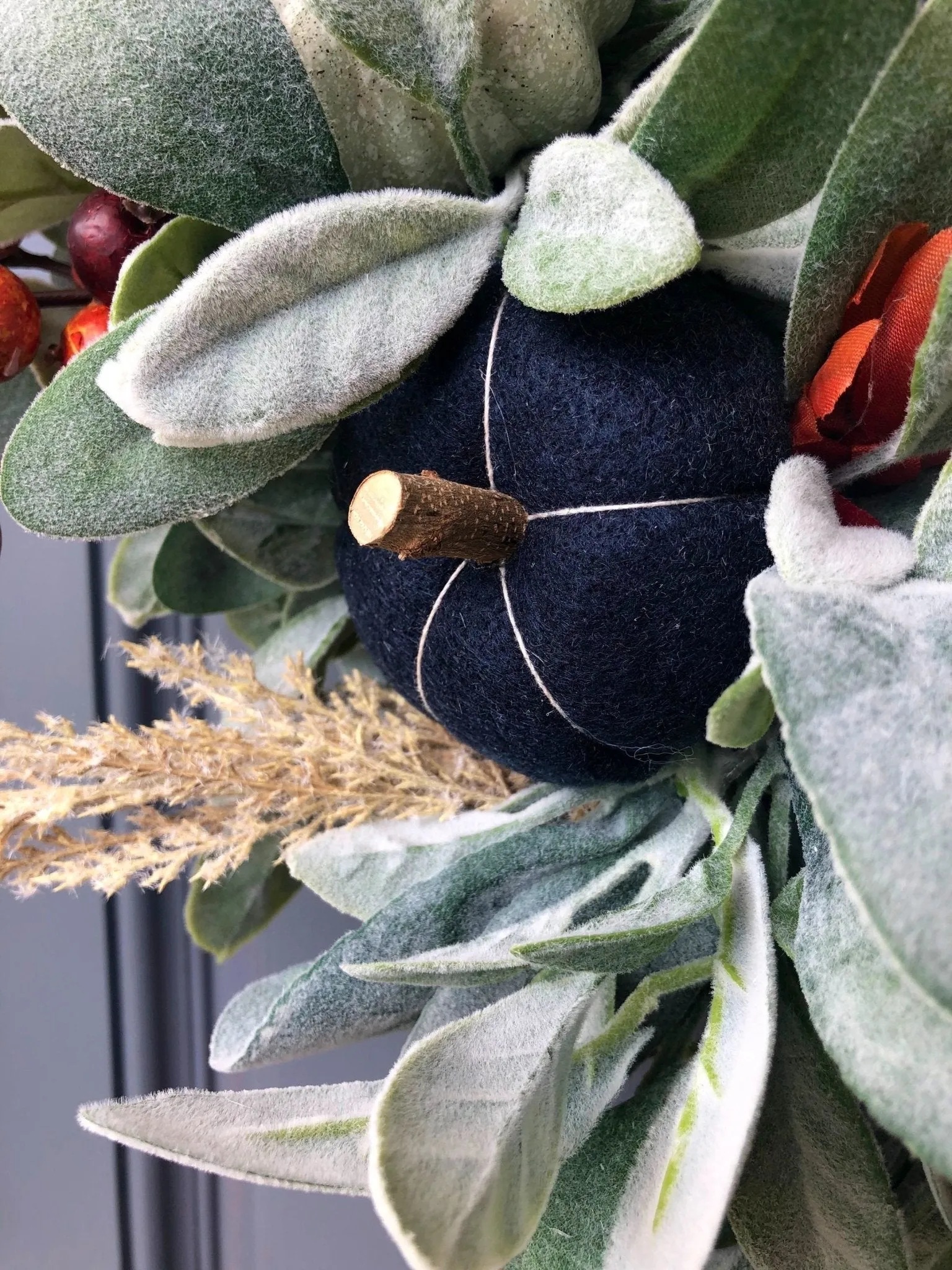 Rustic Lamb's Ear and Blue Pumpkin Wreath