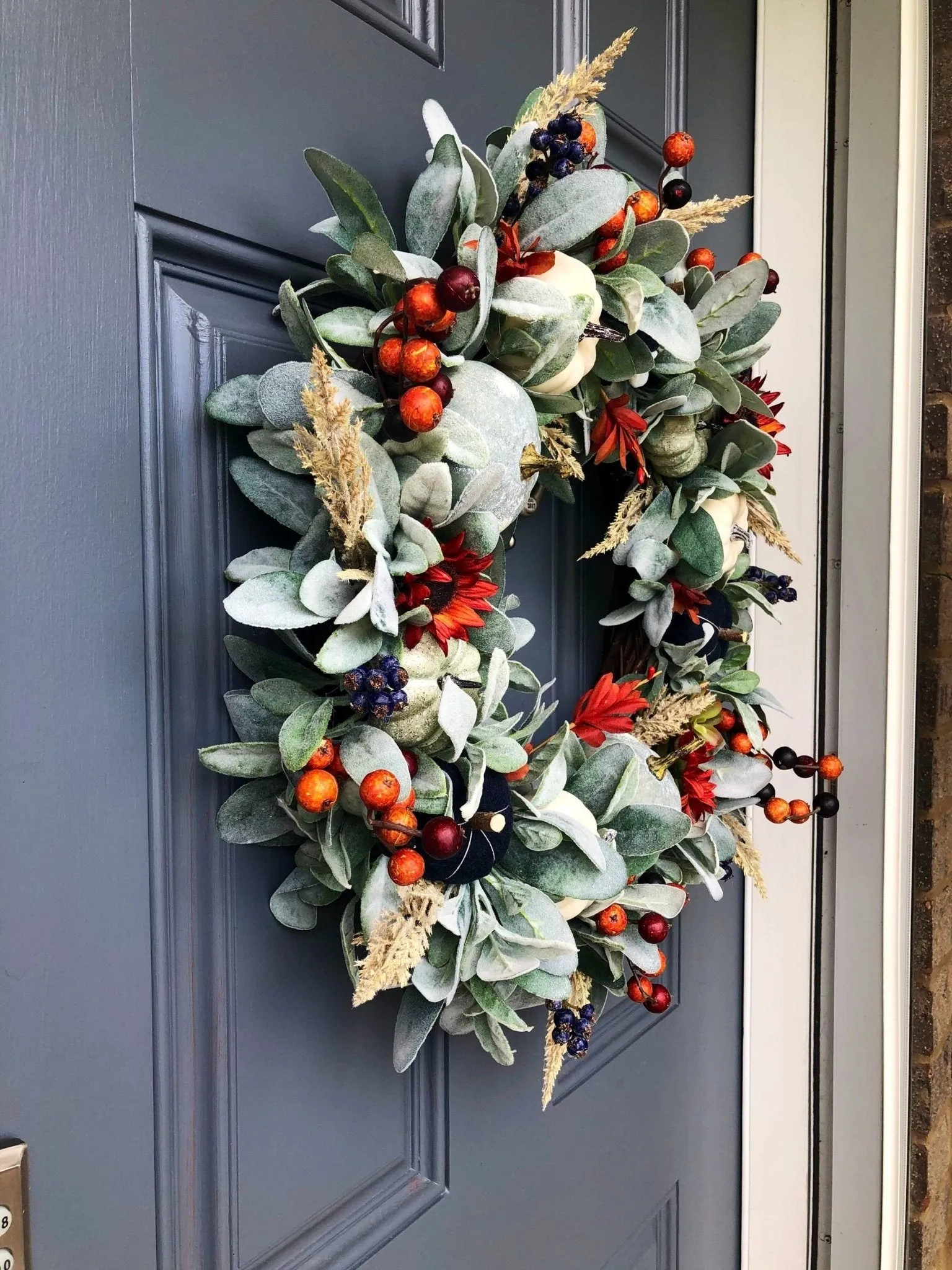 Rustic Lamb's Ear and Blue Pumpkin Wreath