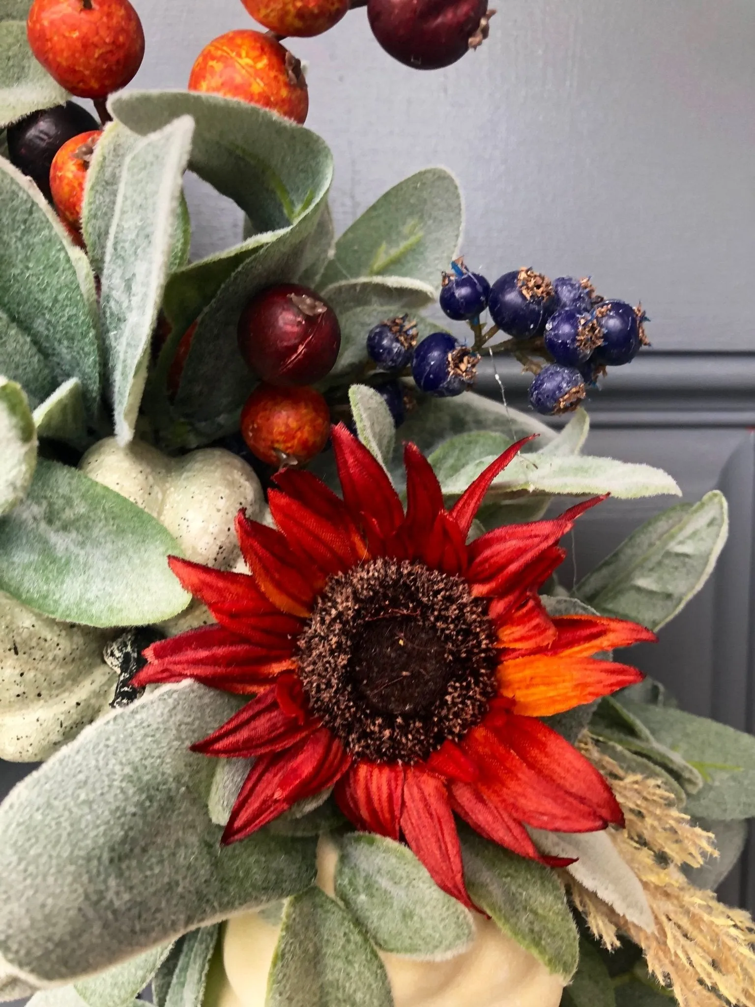 Rustic Lamb's Ear and Blue Pumpkin Wreath