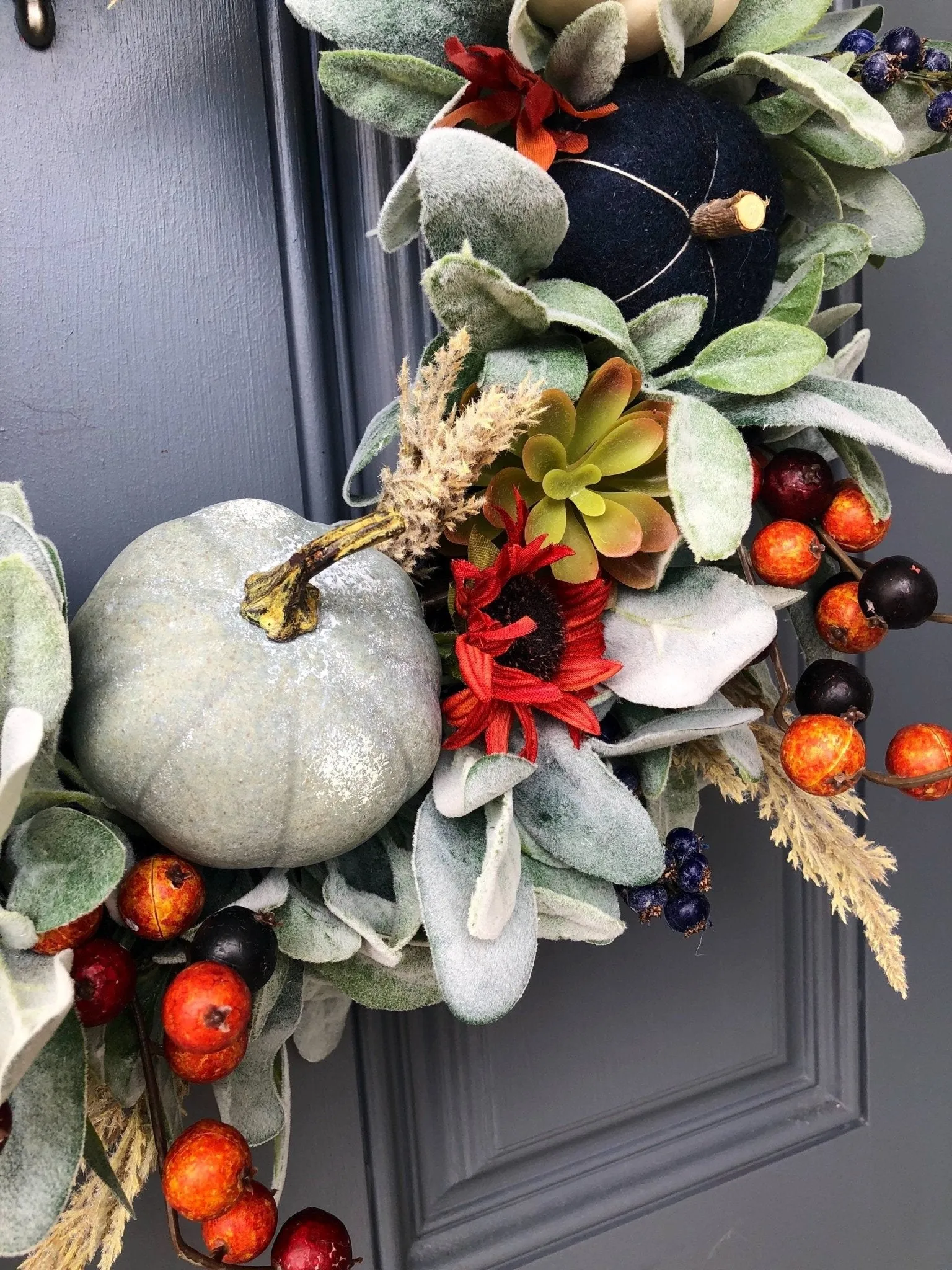 Rustic Lamb's Ear and Blue Pumpkin Wreath