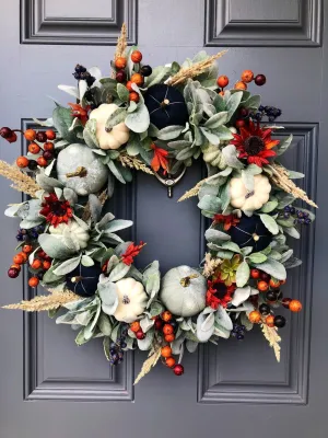 Rustic Lamb's Ear and Blue Pumpkin Wreath