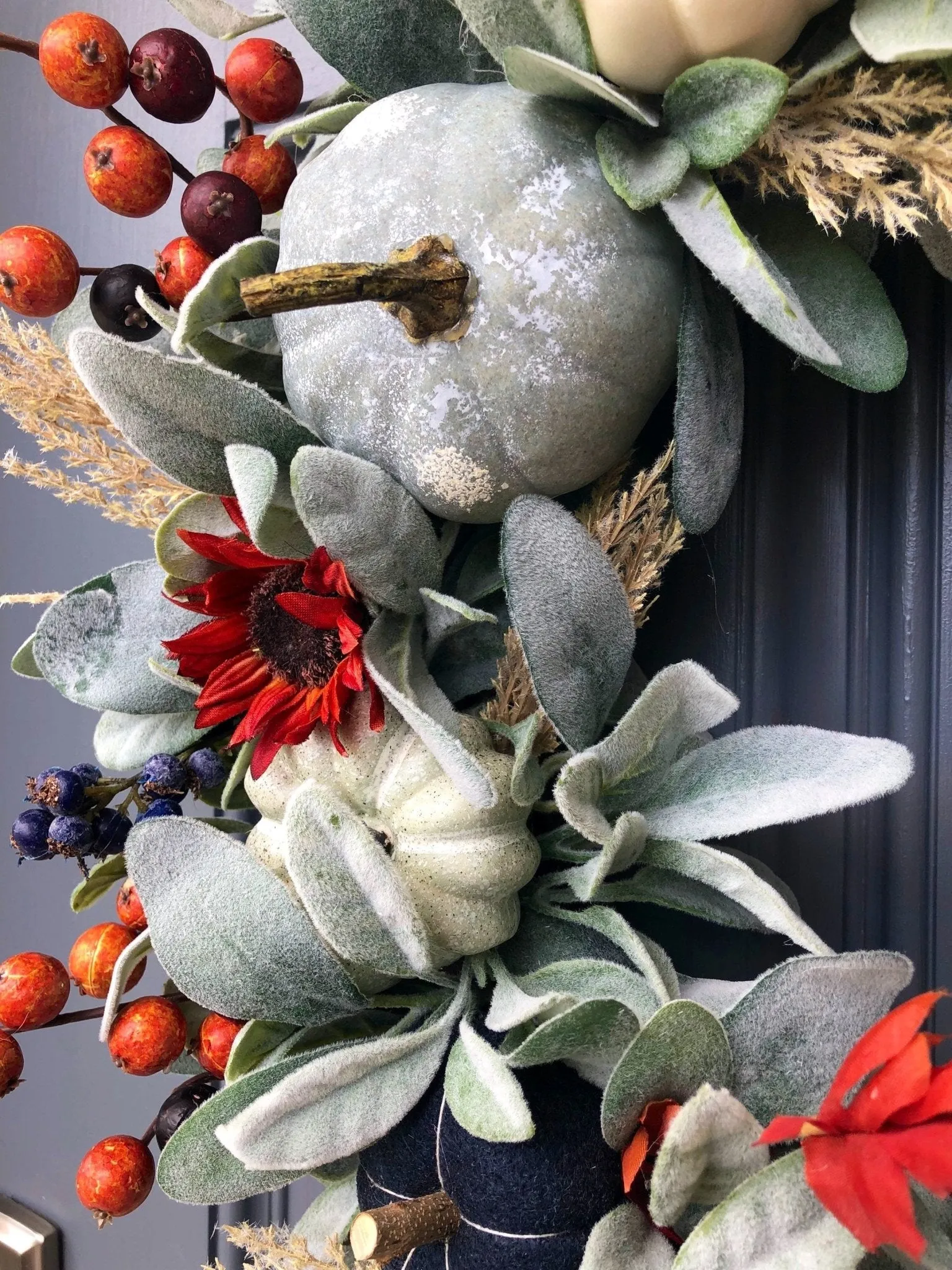 Rustic Lamb's Ear and Blue Pumpkin Wreath