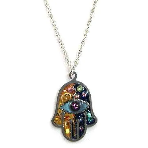 Seeka Blue and Gold Hamsa Necklace with Evil Eye