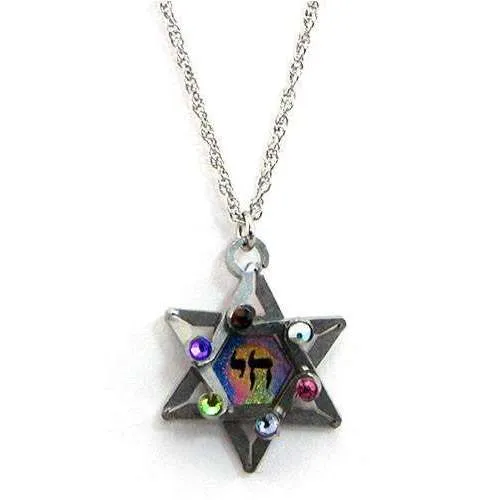 Seeka Dimensional Star of David and Chai Necklace with Multi-Color Crystals