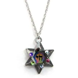 Seeka Dimensional Star of David and Chai Necklace with Multi-Color Crystals